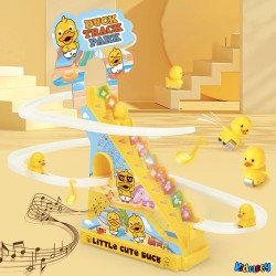 Kidology Electric Stair Climbing Track Toy for Kids, Duck Roller Coaster Toys with Flashing Lights and Music for Toddlers Boys and Girls (3 Duck Slide)