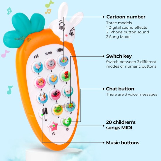 zest 4 toyz Mobile Phone Toys for Kids Smart Phone Cordless Feature Rabbit Mobile Musical Sound Toys with Smart Light Battery Operated Birthday Gifts for Girls Boys (Pack of 1 )Battery Included