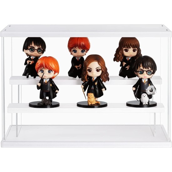 Acrylic Display Case, Clear Display Storage Box Countertop Cube, 3 Tiers with 2 Removable Ladder Shelves Dustproof Protection Showcase for Action Figures, Any Toys, Collectibles - 12.4x7x8.6in