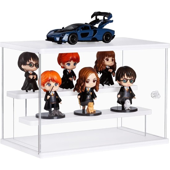 Acrylic Display Case, Clear Display Storage Box Countertop Cube, 3 Tiers with 2 Removable Ladder Shelves Dustproof Protection Showcase for Action Figures, Any Toys, Collectibles - 12.4x7x8.6in