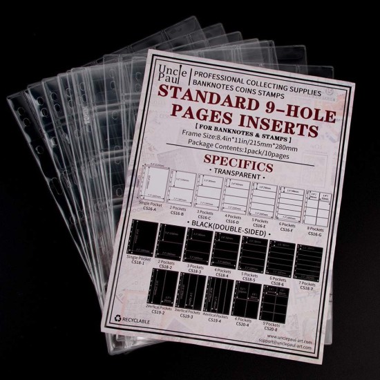 Uncle Paul Coin Pocket Pages - 30 Compartments Standard Coin Pockets with 9 Holes Collector Sleeves for Coins 5 Sheets CS03530 Uncle Paul Coin Pocket Pages - 30 Compartments Standard Coin Pockets with 9 Holes Collector Sleeves for Coins 5 Sheets CS03530