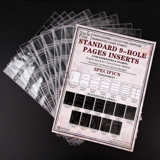 Uncle Paul Coin Pocket Pages - 42 Compartments Standard 9 Hole Coin Pocket Inserts Collector Sleeves for Coins 5 Sheets CS03542 Uncle Paul Coin Pocket Pages - 42 Compartments Standard 9 Hole Coin Pocket Inserts Collector Sleeves for Coins 5 Sheets CS03542