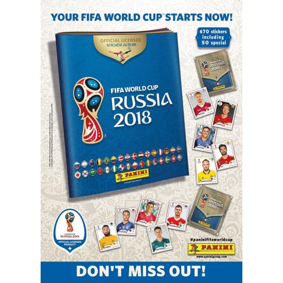 Panini Fifa World Cup 2018 - Sticker WM Russia 2018-2 displays with 50 bags each = 100 bags = 500 stickers - series consists of 670 pictures - version NL, BE, LU and other countries Panini Fifa World Cup 2018 - Sticker WM Russia 2018-2 displays with 50 bags each = 100 bags = 500 stickers - series consists of 670 pictures - version NL, BE, LU and other countries