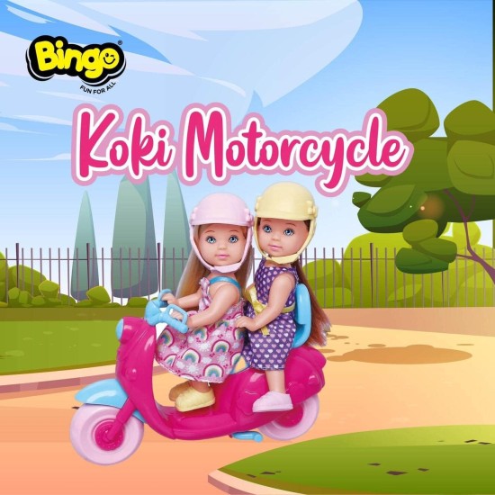 Bingo Koki Dolls with Motorcycle, 5 Pieces - Multi Color Bingo Koki Dolls with Motorcycle, 5 Pieces - Multi Color