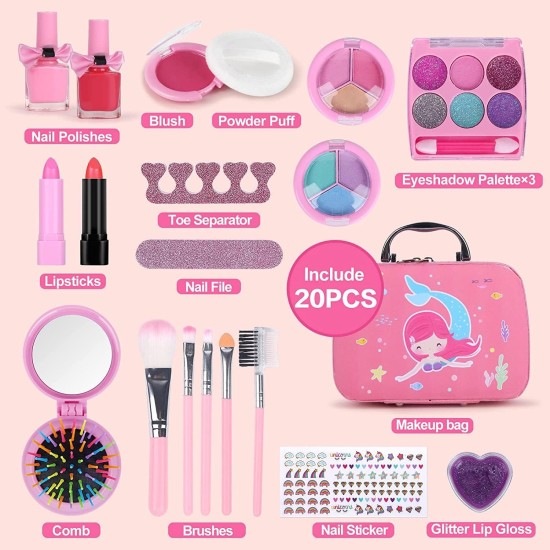 Jorunb Kids Makeup kit for Girl, 20PCS Washable Makeup Set Toy with Real Cosmetic Case, Safe & Non-Toxic Kids Makeup Set, Pretend Play Makeup Beauty Set Birthday Toys Gift for 3-10 Years Old Kid