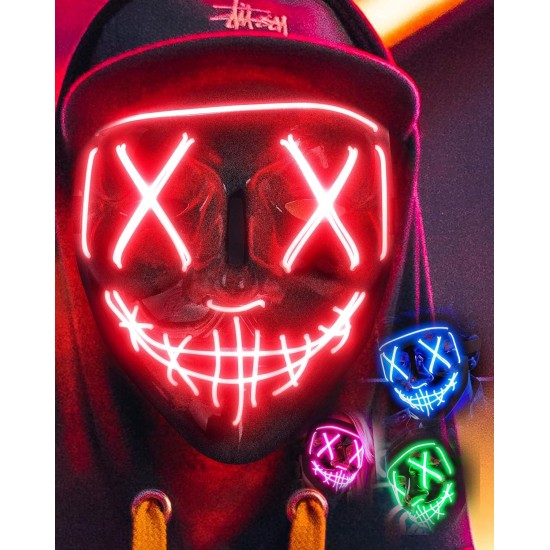 Lizber Halloween Mask, Led Light Up Mask Cosplay Costume with Neon Wire, Scary Hacker Mask for Halloween, Glow in The Dark Mask with 3 Lighting Modes, Glowing Anonymous Mask for Boy Girls Women, Red