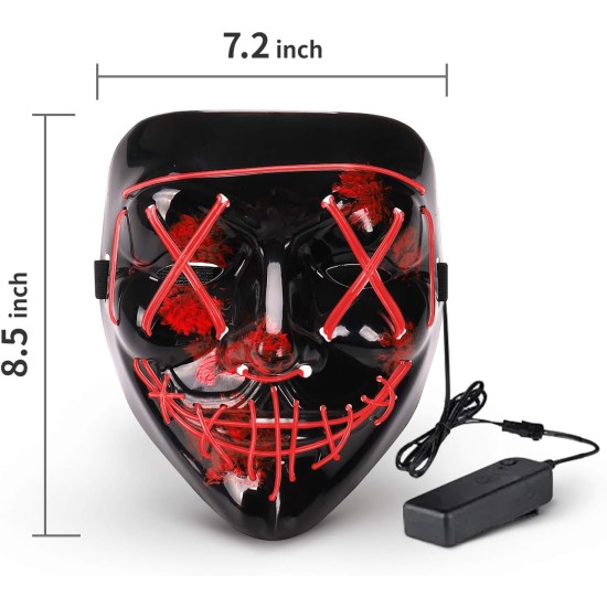 Lizber Halloween Mask, Led Light Up Mask Cosplay Costume with Neon Wire, Scary Hacker Mask for Halloween, Glow in The Dark Mask with 3 Lighting Modes, Glowing Anonymous Mask for Boy Girls Women, Red