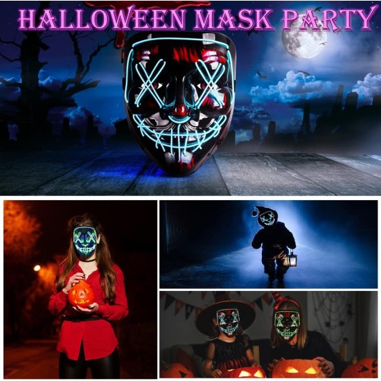 OU-BAND LED Halloween Mask, Purge Mask Costume, Scary Hacker Mask for Halloween, Masquerade Cosplay Light Up Face Mask for Men Women Kids, Carnival, Gifts