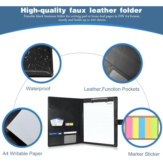 JTOOYS Clipboard Folder DIN A4, Multifunctional Business Leather Document Clip Board with Magnetic Closure Cover for Work Writing Conference Folder with A4 Paper Sticky Arrow Tabs & Pen, Black