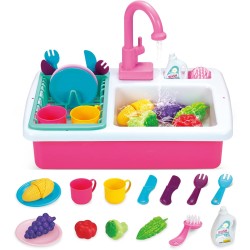 Kids Kitchen Play Sink Toy Set with Cutlery Scrubbing Accessories and Fruit Vegetable Cutting Toys, Automatic Water Circulation Large Storage Box, Christmas Birthday Gift for Kids Boys and Girls