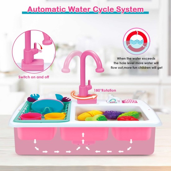 Kids Kitchen Play Sink Toy Set with Cutlery Scrubbing Accessories and Fruit Vegetable Cutting Toys, Automatic Water Circulation Large Storage Box, Christmas Birthday Gift for Kids Boys and Girls Kids Kitchen Play Sink Toy Set with Cutlery Scrubbing Accessories and Fruit Vegetable Cutting Toys, Automatic Water Circulation Large Storage Box, Christmas Birthday Gift for Kids Boys and Girls