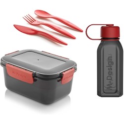 M-Design Lunch Set - 1.1L Box, 500ml Water Bottle & 3pc. Cutlery Black 75089