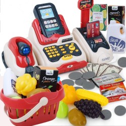 Cash Register for Kids, DMG Kids Cashier with Checkout Scanner, Pretend Play Cash Register Toy, Fruit Card Reader, Play Money and Grocery Play Food Set, Educational Toy for Boys & Girls Gifts Toddlers