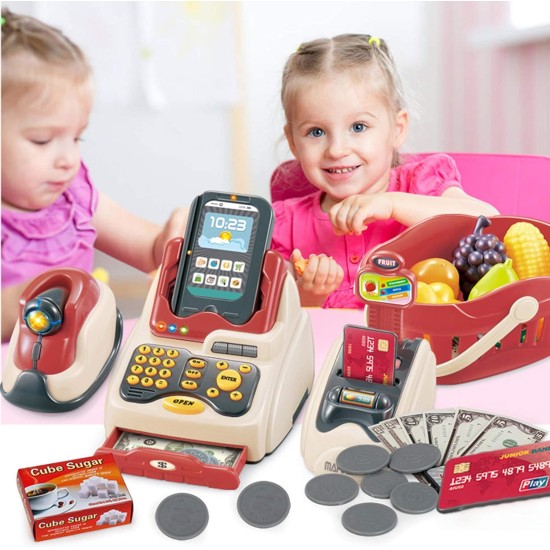 Cash Register for Kids, DMG Kids Cashier with Checkout Scanner, Pretend Play Cash Register Toy, Fruit Card Reader, Play Money and Grocery Play Food Set, Educational Toy for Boys & Girls Gifts Toddlers Cash Register for Kids, DMG Kids Cashier with Checkout Scanner, Pretend Play Cash Register Toy, Fruit Card Reader, Play Money and Grocery Play Food Set, Educational Toy for Boys & Girls Gifts Toddlers