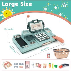 Electronic Cash Register Toy for Kids Pretend Play Supermarket Toy Children Toy Till with Scanner, Sound, Food, Shopping Basket, Weigh, Credit Card Gift for 3 4 5 6+ Years Toddler Boys Girls Green