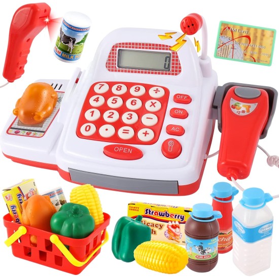 TOEY PLAY 39PCS Children's Cash Register Toy with Scanner, Microphone, Real Calculator, Sound and Light, Food Toys, Supermarket, Merchant Games Gifts for Children 3+ Years TOEY PLAY 39PCS Children's Cash Register Toy with Scanner, Microphone, Real Calculator, Sound and Light, Food Toys, Supermarket, Merchant Games Gifts for Children 3+ Years