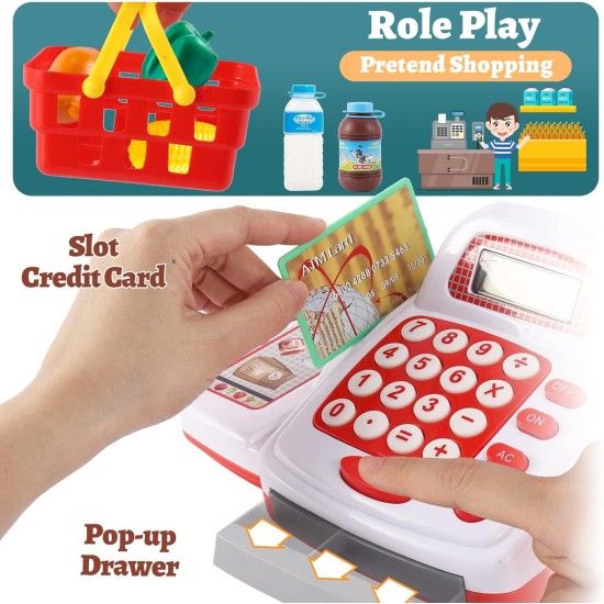 TOEY PLAY 39PCS Children's Cash Register Toy with Scanner, Microphone, Real Calculator, Sound and Light, Food Toys, Supermarket, Merchant Games Gifts for Children 3+ Years TOEY PLAY 39PCS Children's Cash Register Toy with Scanner, Microphone, Real Calculator, Sound and Light, Food Toys, Supermarket, Merchant Games Gifts for Children 3+ Years