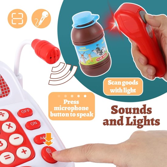 TOEY PLAY 39PCS Children's Cash Register Toy with Scanner, Microphone, Real Calculator, Sound and Light, Food Toys, Supermarket, Merchant Games Gifts for Children 3+ Years TOEY PLAY 39PCS Children's Cash Register Toy with Scanner, Microphone, Real Calculator, Sound and Light, Food Toys, Supermarket, Merchant Games Gifts for Children 3+ Years