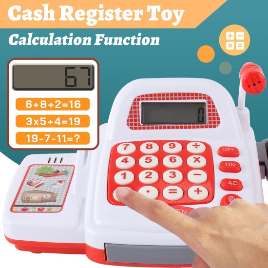 TOEY PLAY 39PCS Children's Cash Register Toy with Scanner, Microphone, Real Calculator, Sound and Light, Food Toys, Supermarket, Merchant Games Gifts for Children 3+ Years TOEY PLAY 39PCS Children's Cash Register Toy with Scanner, Microphone, Real Calculator, Sound and Light, Food Toys, Supermarket, Merchant Games Gifts for Children 3+ Years