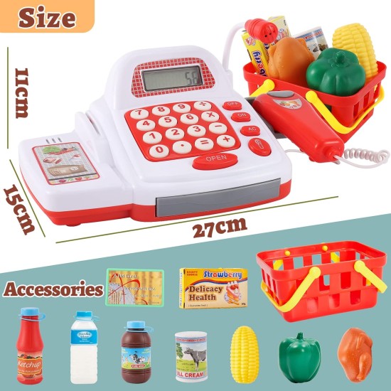 TOEY PLAY 39PCS Children's Cash Register Toy with Scanner, Microphone, Real Calculator, Sound and Light, Food Toys, Supermarket, Merchant Games Gifts for Children 3+ Years TOEY PLAY 39PCS Children's Cash Register Toy with Scanner, Microphone, Real Calculator, Sound and Light, Food Toys, Supermarket, Merchant Games Gifts for Children 3+ Years