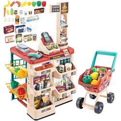 deAO Supermarket Kids Playset with Shopping Cart and Over 20 Game Accessories Included (Red)