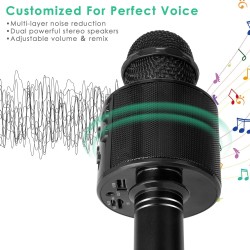 Wireless Bluetooth Karaoke Microphone for Kids, 5-in-1 Portable Handheld Karaoke Mic Speaker Player Recorder with Adjustable Remix FM Radio for Kids Girls Boys Teens Birthday (Black)