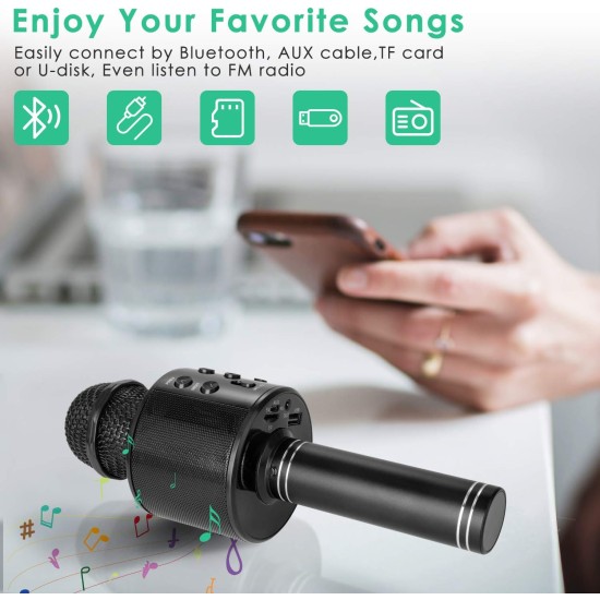Wireless Bluetooth Karaoke Microphone for Kids, 5-in-1 Portable Handheld Karaoke Mic Speaker Player Recorder with Adjustable Remix FM Radio for Kids Girls Boys Teens Birthday (Black) Wireless Bluetooth Karaoke Microphone for Kids, 5-in-1 Portable Handheld Karaoke Mic Speaker Player Recorder with Adjustable Remix FM Radio for Kids Girls Boys Teens Birthday (Black)