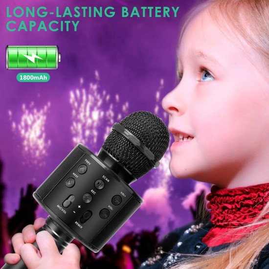 Wireless Bluetooth Karaoke Microphone for Kids, 5-in-1 Portable Handheld Karaoke Mic Speaker Player Recorder with Adjustable Remix FM Radio for Kids Girls Boys Teens Birthday (Black) Wireless Bluetooth Karaoke Microphone for Kids, 5-in-1 Portable Handheld Karaoke Mic Speaker Player Recorder with Adjustable Remix FM Radio for Kids Girls Boys Teens Birthday (Black)