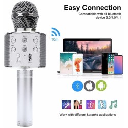 Wireless Karaoke Microphone Bluetooth Handheld Speaker Home Party Player Christmas Birthday Gift for Kids (Silver)