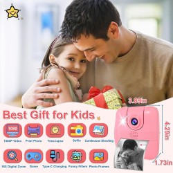 Kids Camera Instant Print - 1080P HD 0 Ink Instant Print Photo - Ideal Gifts for Age 3-12 Girls Boys - Portable Toy with 3 Rolls Photo Paper, 5 Color Pens, 32GB Card (Pink)