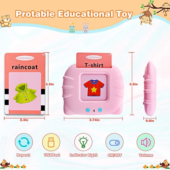 Talking Flash Cards Learning Toys for Toddlers 1-6 Year Old,British English, 384 Words, Audible Educational Toys, Preschool Learning Resource Electronic Interactive Toy Birthday Gifts for Kids-Pink