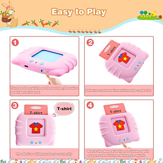 Talking Flash Cards Learning Toys for Toddlers 1-6 Year Old,British English, 384 Words, Audible Educational Toys, Preschool Learning Resource Electronic Interactive Toy Birthday Gifts for Kids-Pink