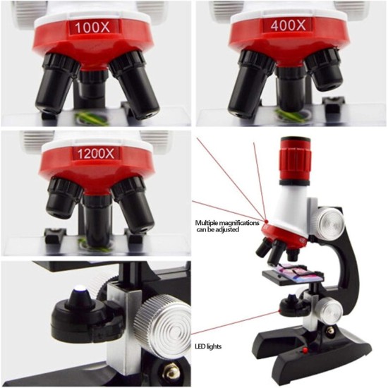 Middle Kids Microscope Kids Beginner Microscope Adjustable Focus Microscope 100x-1200x Biological monocular, ABS Plastic, Battery Powered (Batteries not Included) 11.5x7.5x23cm