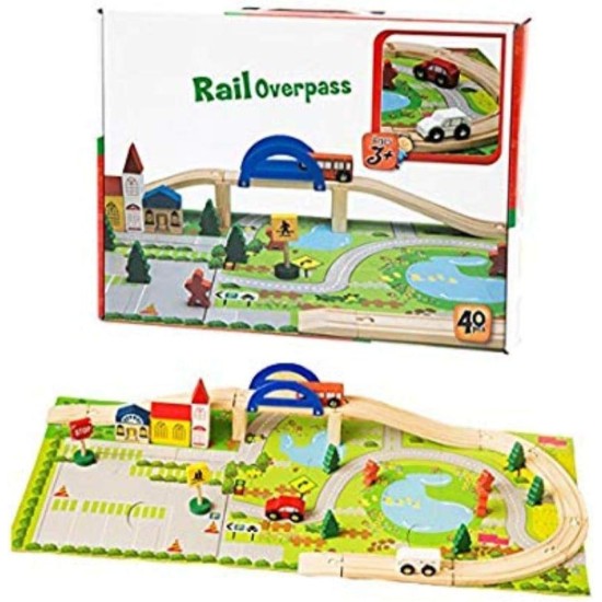 Wooden rail overpass track set, 40 pieces traffic scene toy for girls boys birthday new year christmas gifts
