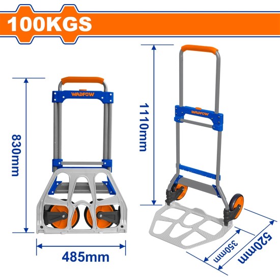 Foldable hand truck 100kg Extended size 520x485x1110mm Folded size 60x485x830mm Foot plate size 350x485mm The main plastic stress points are made of durable nylon -WWB9A10 Foldable hand truck 100kg Extended size 520x485x1110mm Folded size 60x485x830mm Foot plate size 350x485mm The main plastic stress points are made of durable nylon -WWB9A10