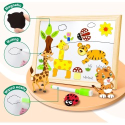 COOLJOY 100+ Pieces Magnetic Wooden Jigsaw Animal Jigsaw with Chalkboard Easel Double-Sided Educational Toys for Toddler Children Girl 3+ Years Old
