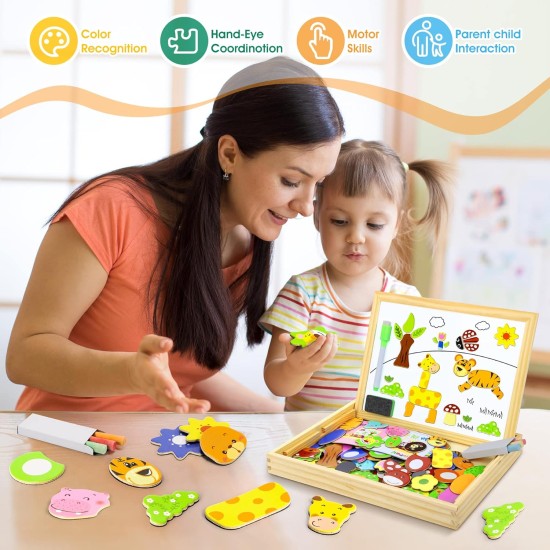COOLJOY 100+ Pieces Magnetic Wooden Jigsaw Animal Jigsaw with Chalkboard Easel Double-Sided Educational Toys for Toddler Children Girl 3+ Years Old COOLJOY 100+ Pieces Magnetic Wooden Jigsaw Animal Jigsaw with Chalkboard Easel Double-Sided Educational Toys for Toddler Children Girl 3+ Years Old