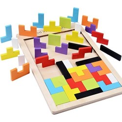 B&Julian ® Wooden Puzzle Tangram Children's Tetris Wooden Puzzle Peg Game Tile Game Board Game Geometric Shapes in Box Puzzle Games (Pack of 1)