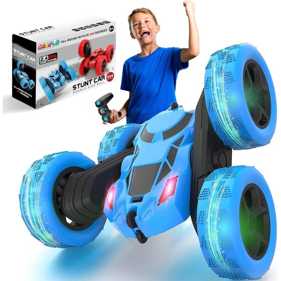 GRAFLO Remote Control Car For Kids, Double Sided 360°Rotating 4WD RC Car with Headlights, 2.4GHz Electric Race Stunt Toys Car Off-Road - Stunt Drifting Car Rechargeable - Toys For Kids (BLUE) 3+ Years GRAFLO Remote Control Car For Kids, Double Sided 360°Rotating 4WD RC Car with Headlights, 2.4GHz Electric Race Stunt Toys Car Off-Road - Stunt Drifting Car Rechargeable - Toys For Kids (BLUE) 3+ Years