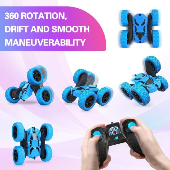 GRAFLO Remote Control Car For Kids, Double Sided 360°Rotating 4WD RC Car with Headlights, 2.4GHz Electric Race Stunt Toys Car Off-Road - Stunt Drifting Car Rechargeable - Toys For Kids (BLUE) 3+ Years GRAFLO Remote Control Car For Kids, Double Sided 360°Rotating 4WD RC Car with Headlights, 2.4GHz Electric Race Stunt Toys Car Off-Road - Stunt Drifting Car Rechargeable - Toys For Kids (BLUE) 3+ Years