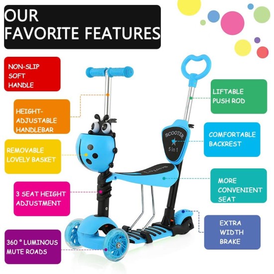 Dripex 5-in-1 Kids Scooter Toddler Scooter with Flashing Led Light Up Wheels 3 Wheels Kick Scooter with Adjustable Handlebar Removable Seat and Push Handle Dripex 5-in-1 Kids Scooter Toddler Scooter with Flashing Led Light Up Wheels 3 Wheels Kick Scooter with Adjustable Handlebar Removable Seat and Push Handle