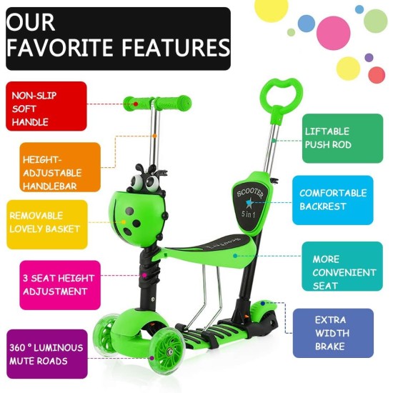 Dripex 5-in-1 Kids Scooter Toddler Scooter with Flashing Led Light Up Wheels 3 Wheels Kick Scooter with Adjustable Handlebar Removable Seat and Push Handle Dripex 5-in-1 Kids Scooter Toddler Scooter with Flashing Led Light Up Wheels 3 Wheels Kick Scooter with Adjustable Handlebar Removable Seat and Push Handle