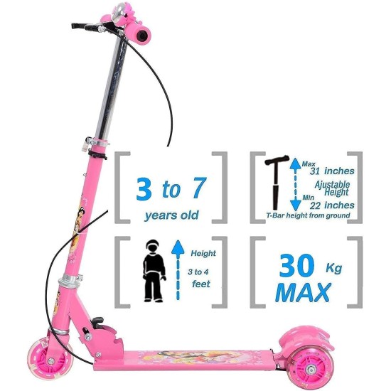 MATRUSHREE ENTERPRISES Road Runner Scooter for Kids of 3 to 14 Years Age 3 Adjustable Height, Foldable, LED PU Wheels & Weight Capacity 75 kgs Kick Scooter with Brake. [Pink]