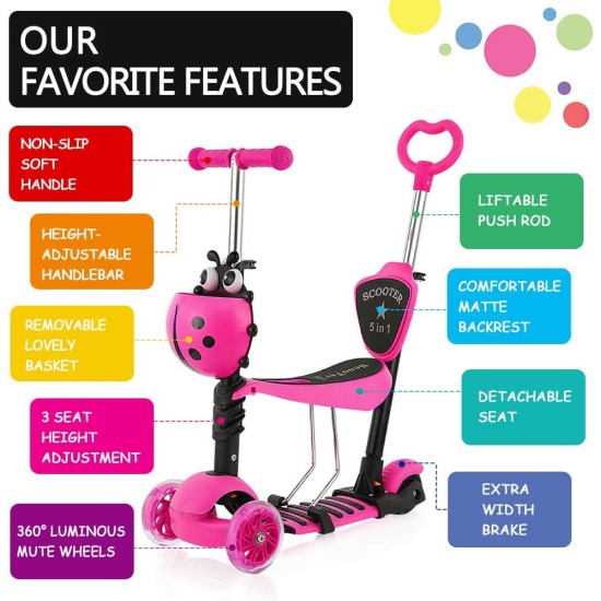 Dripex 5-in-1 Kids Scooter Toddler Scooter with Flashing Led Light Up Wheels 3 Wheels Kick Scooter with Adjustable Handlebar Removable Seat and Push Handle Dripex 5-in-1 Kids Scooter Toddler Scooter with Flashing Led Light Up Wheels 3 Wheels Kick Scooter with Adjustable Handlebar Removable Seat and Push Handle