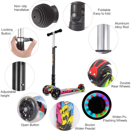 IMMEK Children's Scooter from 3 to 12 Years - Foldable - Load up to 50 kg - with Height-Adjustable Anodised Handlebar and Flashing LED Wheels, Multi-Coloured