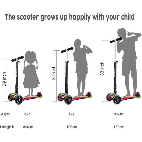 IMMEK Children's Scooter from 3 to 12 Years - Foldable - Load up to 50 kg - with Height-Adjustable Anodised Handlebar and Flashing LED Wheels, Multi-Coloured