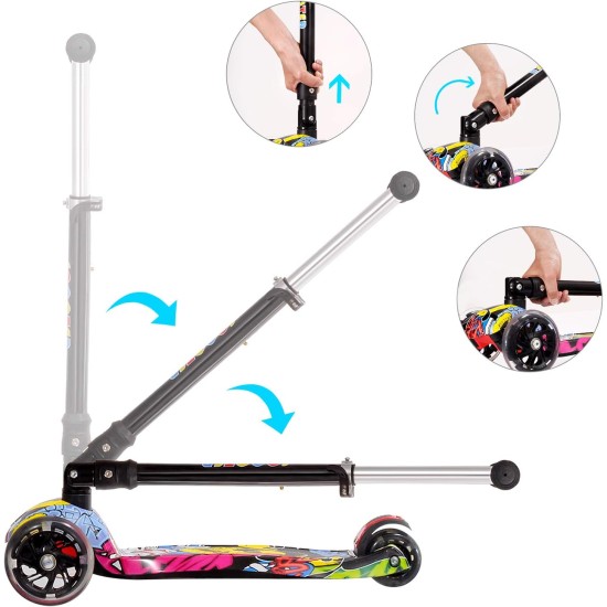 IMMEK Children's Scooter from 3 to 12 Years - Foldable - Load up to 50 kg - with Height-Adjustable Anodised Handlebar and Flashing LED Wheels, Multi-Coloured