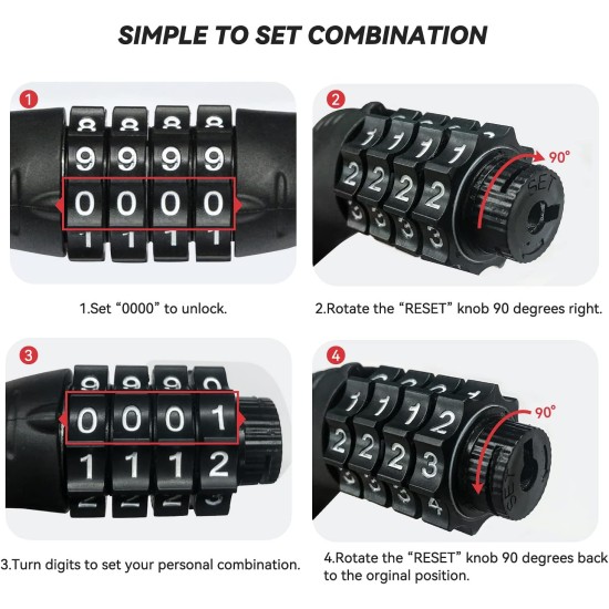 LEQISMART Scooter Lock for A8 Electric Scooter Adults, Bike Lock with 4 Digit Resettable Combination, 4 FEET Long with 1/2 in Diameter LEQISMART Scooter Lock for A8 Electric Scooter Adults, Bike Lock with 4 Digit Resettable Combination, 4 FEET Long with 1/2 in Diameter