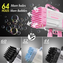 Pitpat 64 Holes Bazooka Bubble Gun, Bubble Machine Gun 5000 Bubbles per Minutes, with 2 Bubble Solution 20 Packs Concentrate - Pink