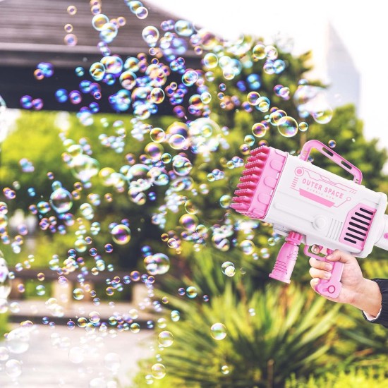 Pitpat 64 Holes Bazooka Bubble Gun, Bubble Machine Gun 5000 Bubbles per Minutes, with 2 Bubble Solution 20 Packs Concentrate - Pink